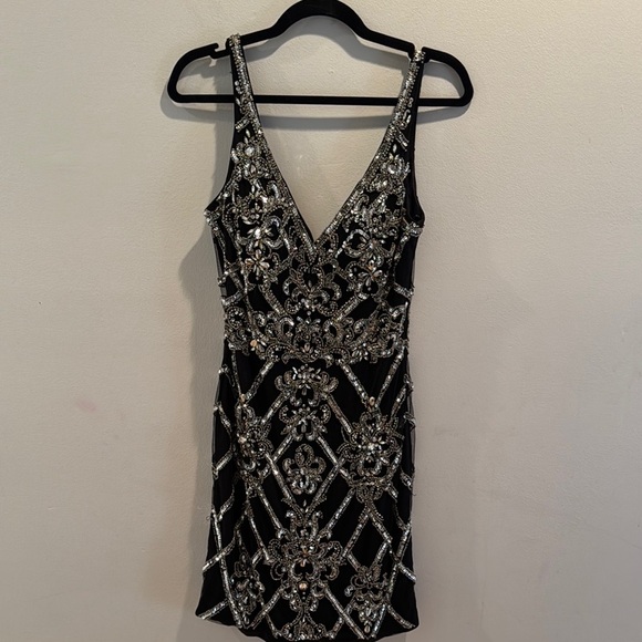 Jovani Black and Silver Embellished Sequin and Beaded Cocktail Dress 6 - Picture 1 of 9